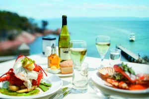 Freycinet Lodge - seafood luncheon and Australian wine - Luxury Private Air Tour Tasmania