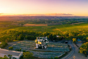 McLaren Vale - aerial view of the d'Arenberg Cube and vienyards - Bill Peach Journeys