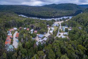 Corinna - aerial view of wilderness experience on the river - luxury short breaks Tasmania