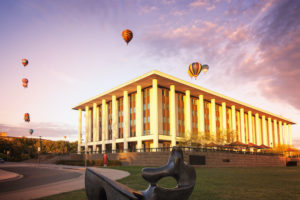 Canberra - Balloons over National Library of Australia - Bill Peach Journeys